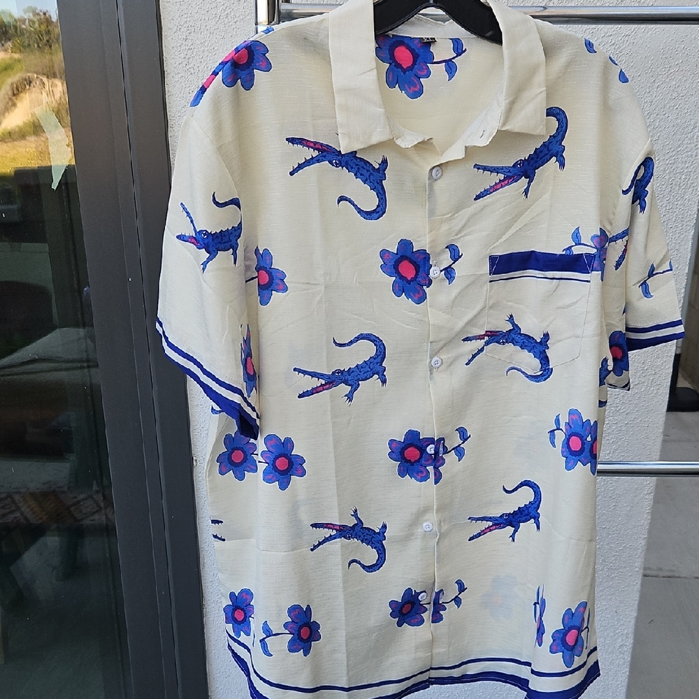 Men's Cream and Blue Floral Button Down Shirt